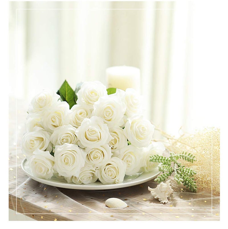 Amzali Artificial Flowers, Real Looking Blush Fake Rose Long Stem Silk Artificial Rose Flowers Home Decor for Bridal Wedding Bouquet, Centerpieces Birthday Flower Party Garden floral Arrangement White - Image 2